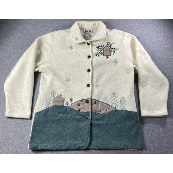 VTG TEDDI Petite Soft Fleece Jacket Women's White Embroidered Coat Ladies Sz PL - Picture 1 of 5